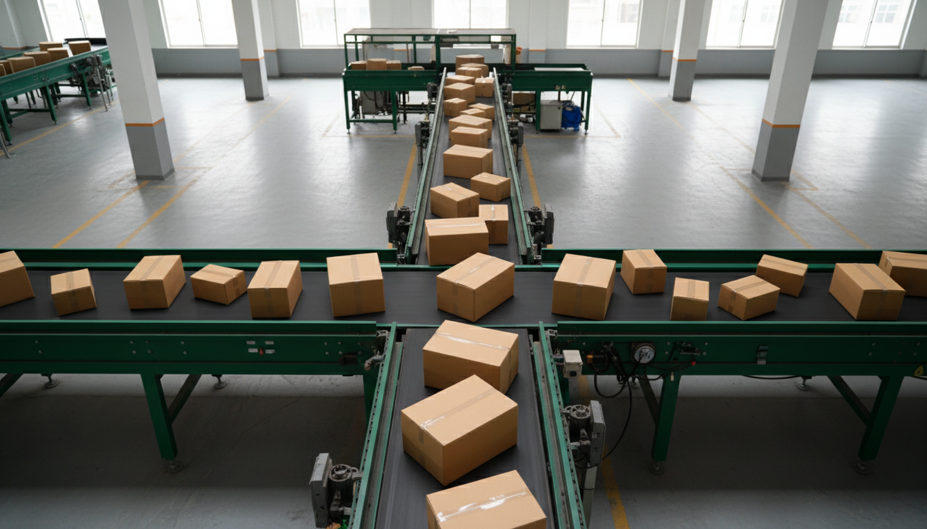 Overhead view of plain brown cardboard parcels moving along a sorting conveyor belt