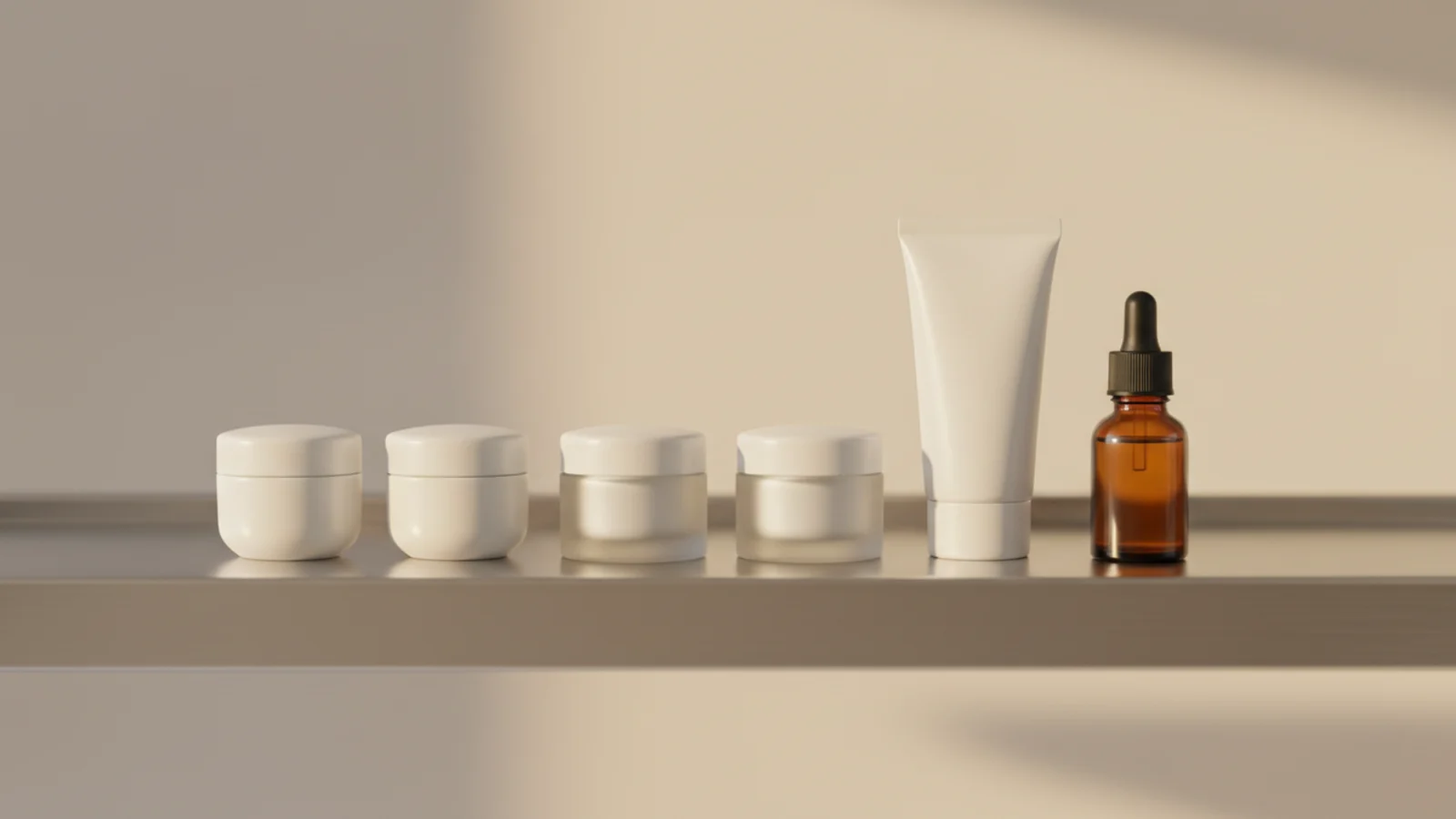 Unlabelled cream jars, a plain tube and a small amber fragrance bottle on a steel laboratory shelf